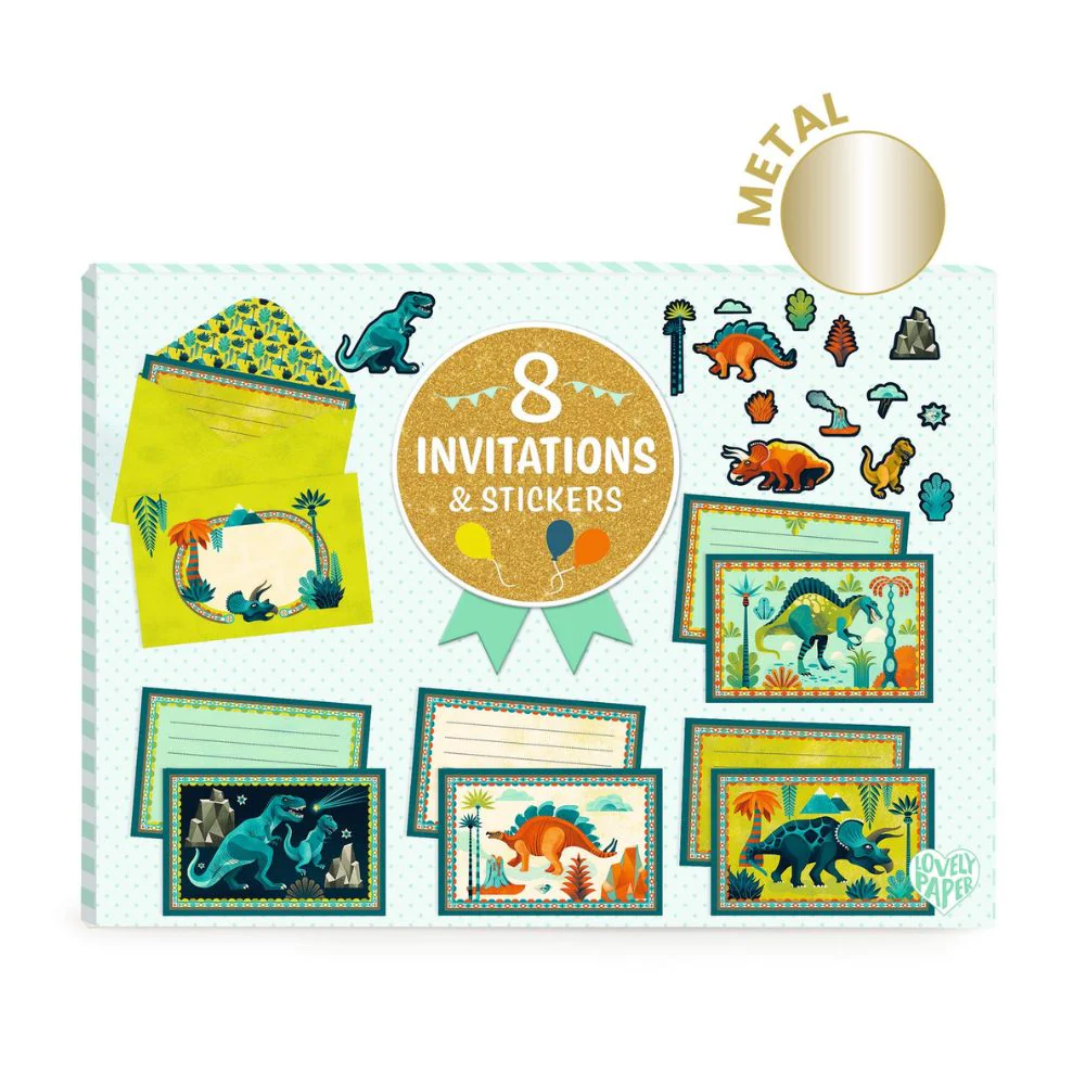 8 Dinosaur Party Invitations & Stickers - Image 4