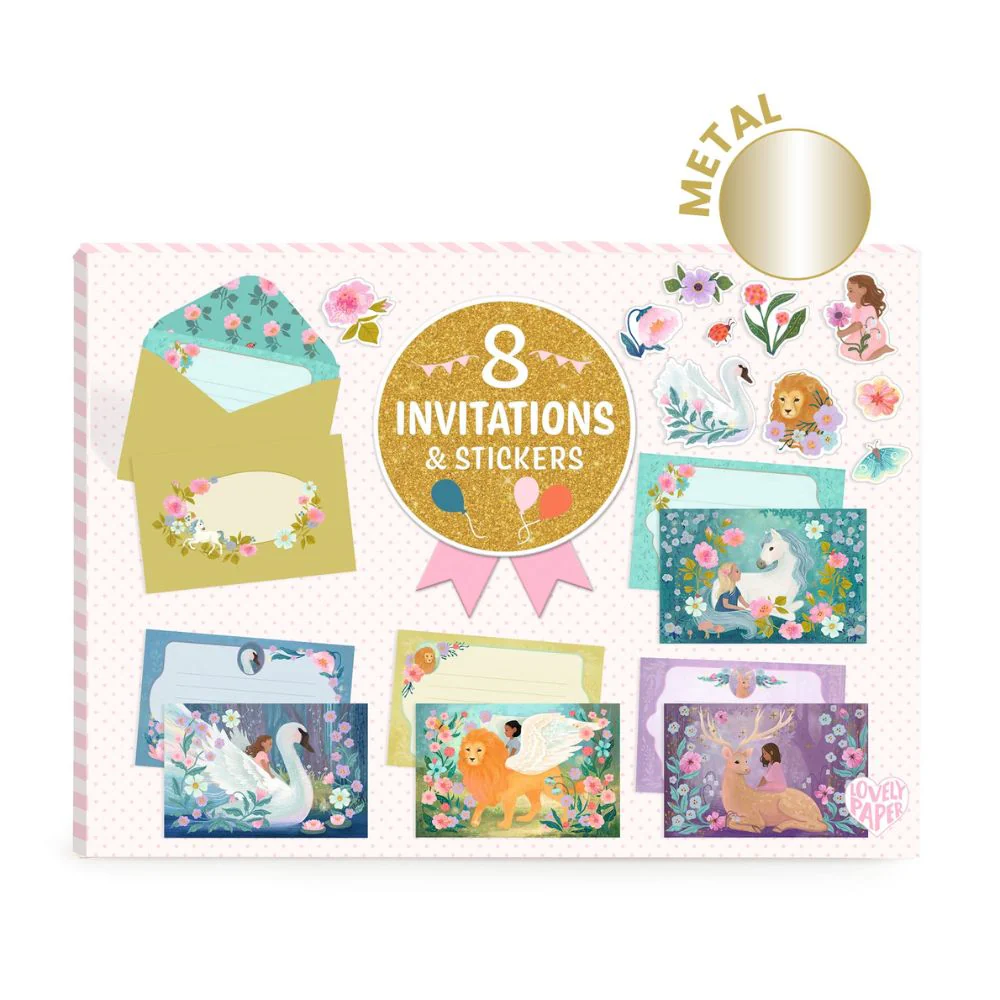 8 Fantasy Creatures Kids Party Invitations & Stickers - Image 4