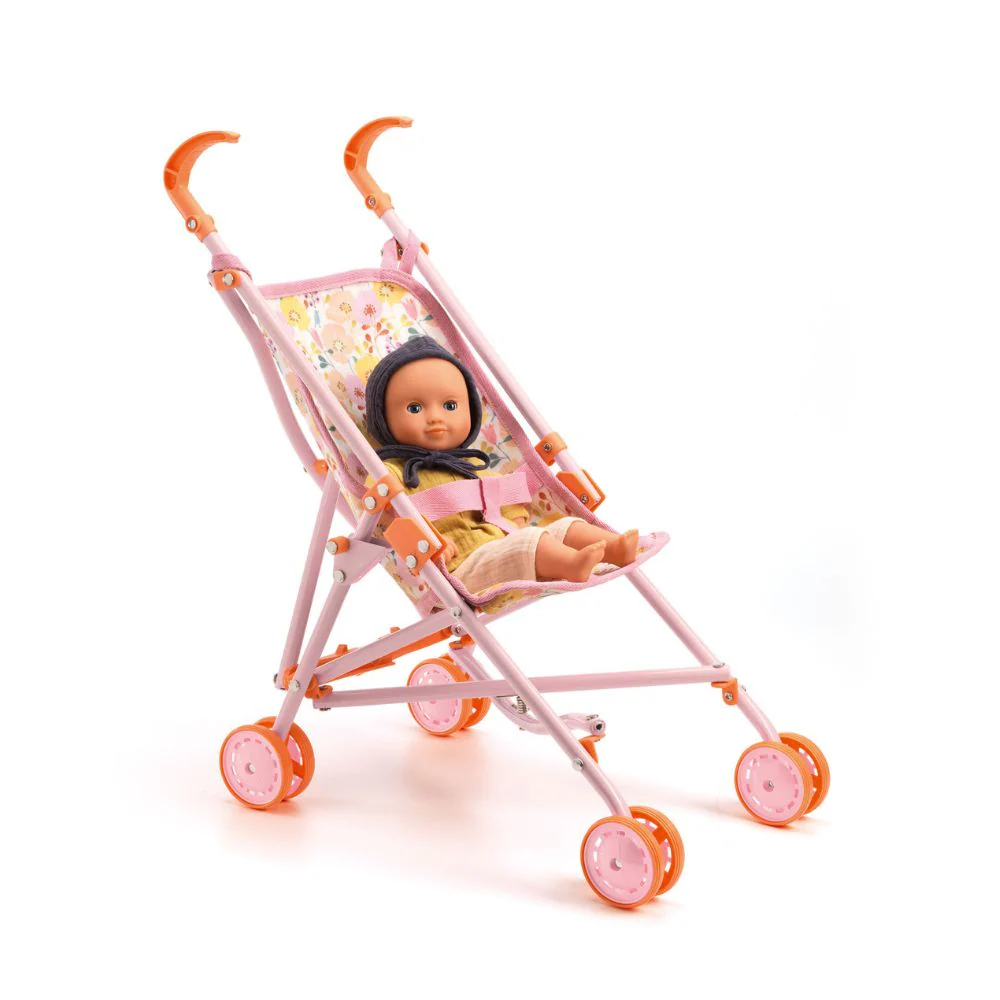 Djeco Pomea Baby Stroller - Pink Flowers - Image 3