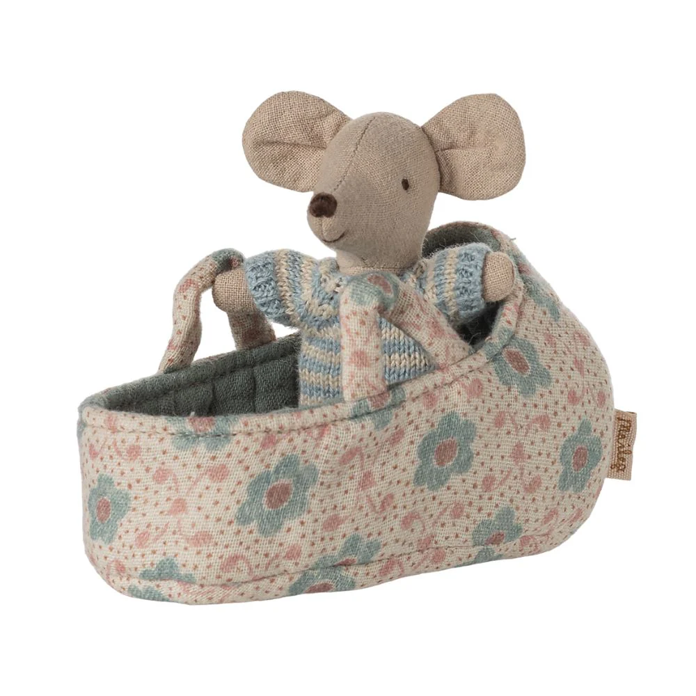 Maileg Baby Mouse In Carry Cot - Blue - Image 5